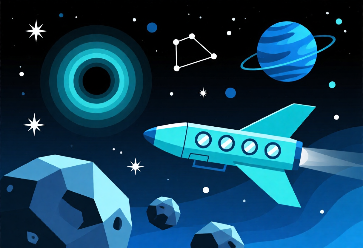 A blue rocket flying through space with planets and stars. | AI Bold SVG