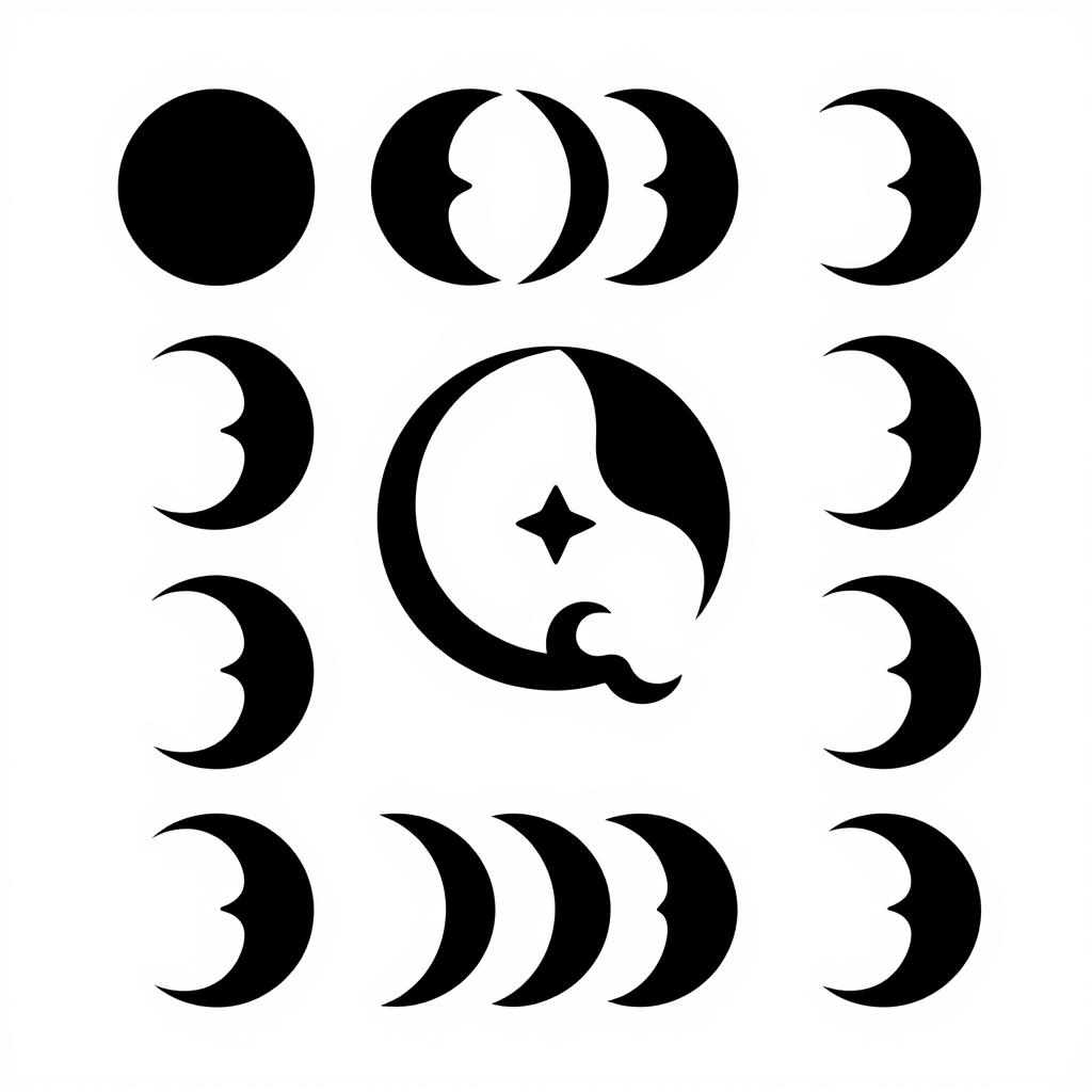 A set of phases of the moon with a star in the middle. | AI Bold SVG
