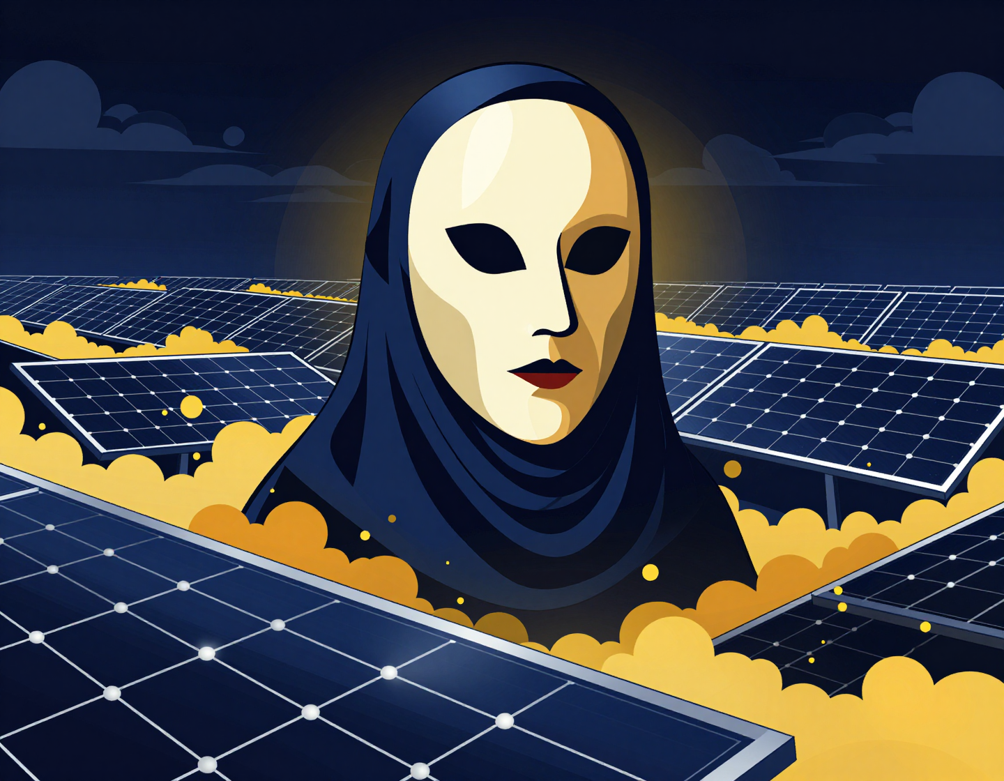Solar Farm Mask A woman wearing a mask standing in front of solar panels. | AI Bold SVG