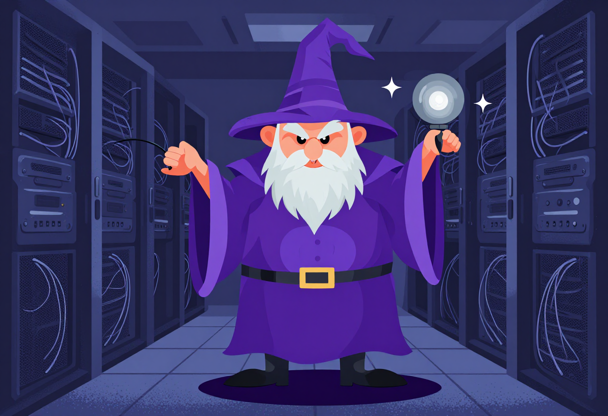 Computer Wizard Png A cartoon wizard holding a magnifying glass in a server room. | AI Flat SVG