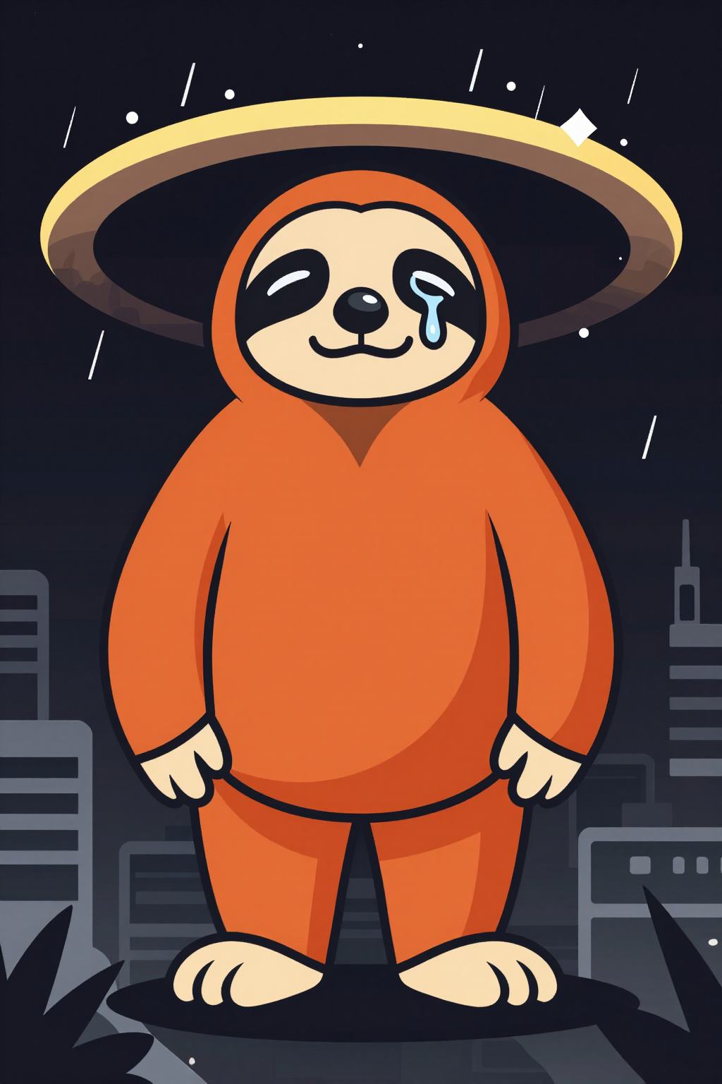 A sloth in an orange outfit standing in front of a city. | AI Bold SVG