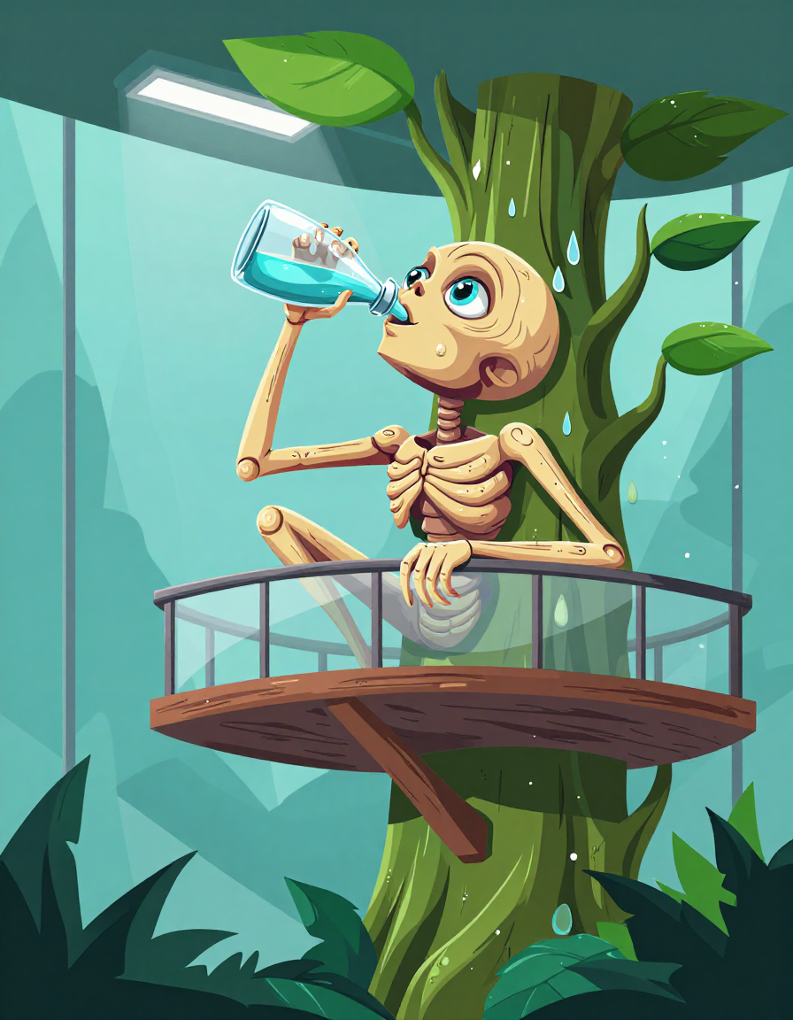 A skeleton drinking water from a bottle in a tree. | AI Flat 2.0 SVG