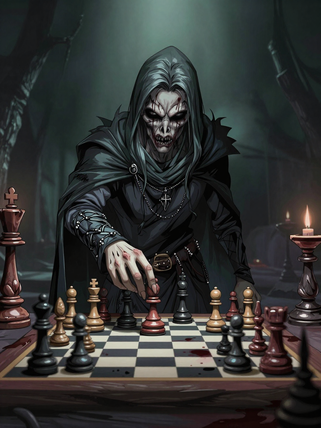 Chess Horror A grim reaper playing chess in a dark forest. | AI Horror image