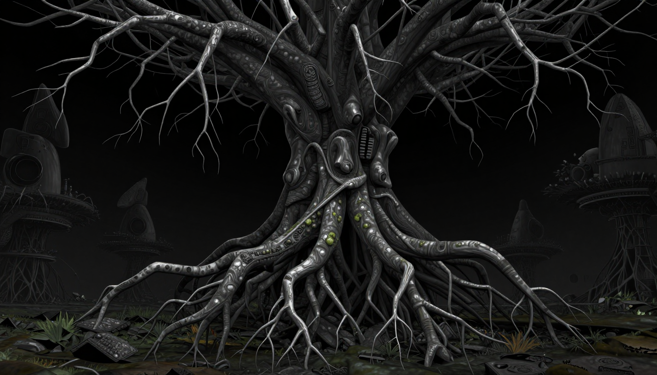 A large tree with a bunch of vines growing out of it. | AI Animated image