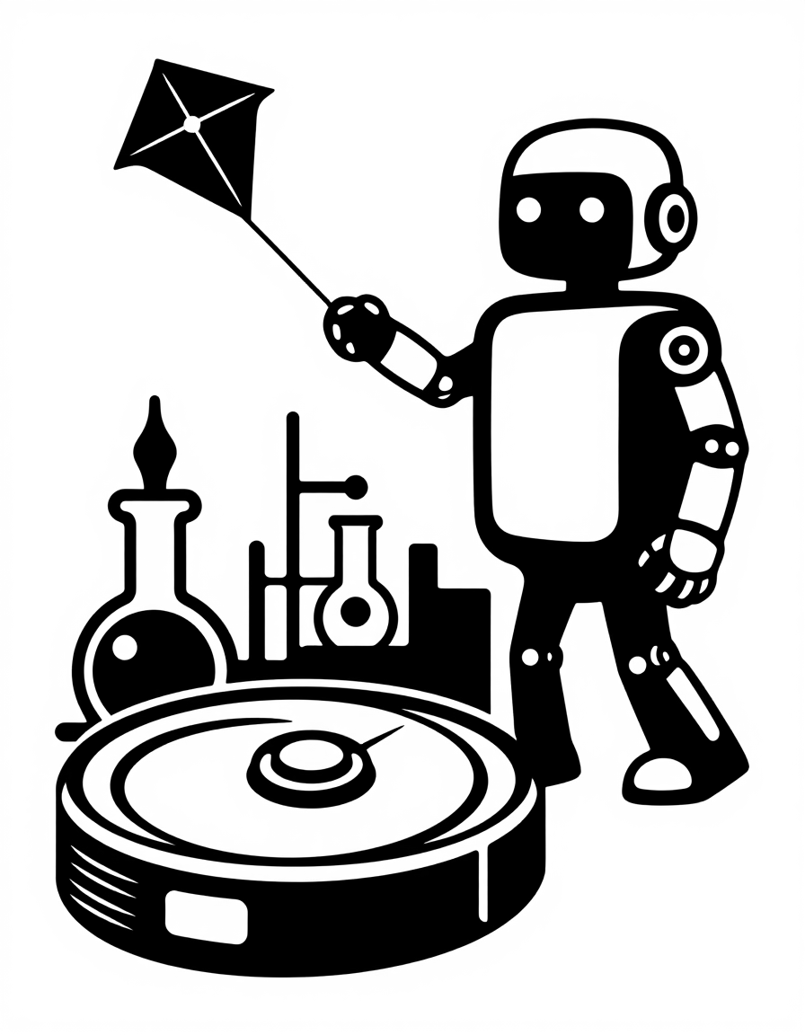 A black and white illustration of a robot flying a kite. | AI Bold SVG