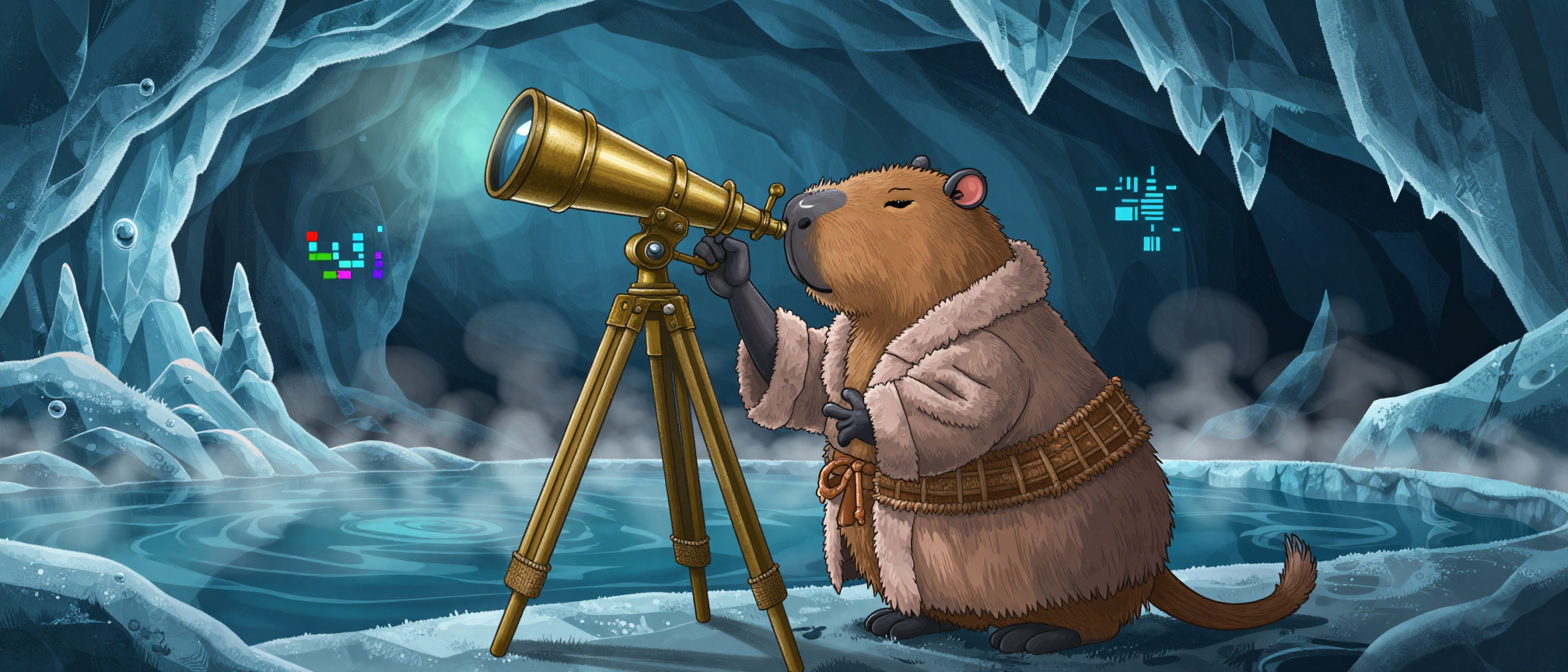 A beaver looking through a telescope in an ice cave. | AI Alien image