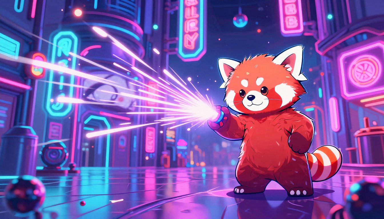 A red panda holding a sparkler in a neon city. | AI Neon image