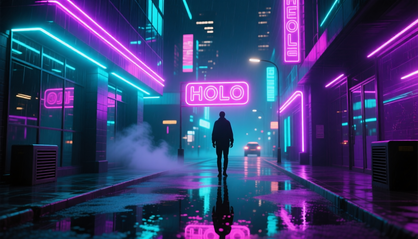 A man walking down a city street at night. | AI Neon image