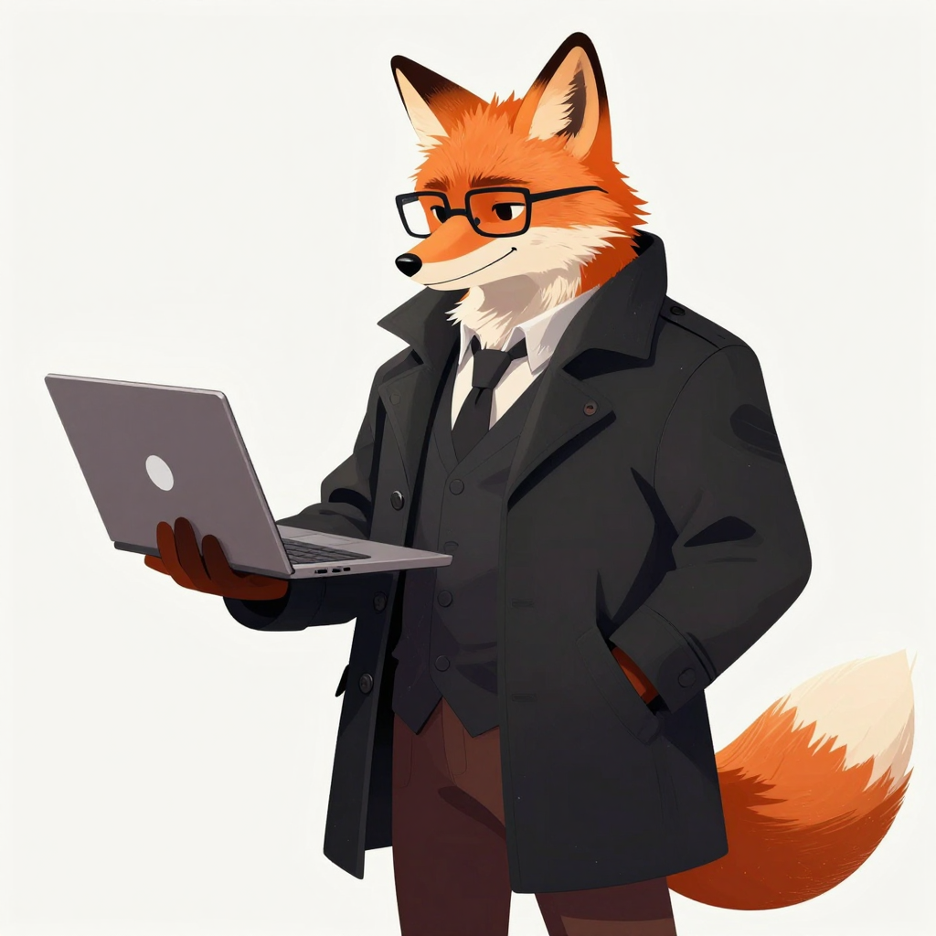 A fox in a suit and tie holding a laptop computer. | AI Digital art image