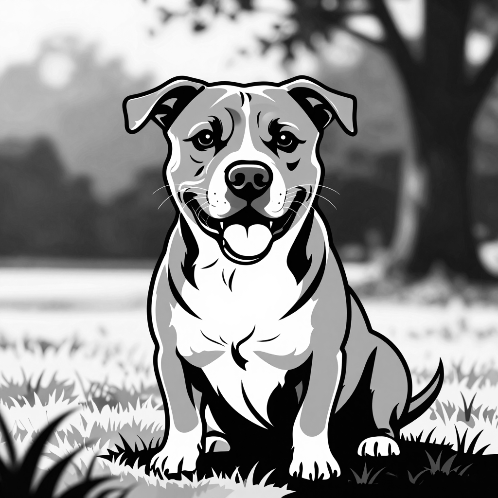 A black and white illustration of a dog sitting in the grass. | AI Bold SVG
