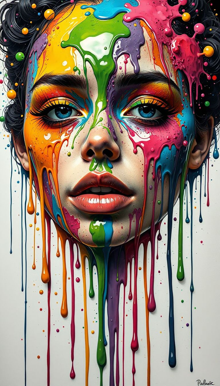 A woman with colorful paint dripping down her face. | AI Dripping image