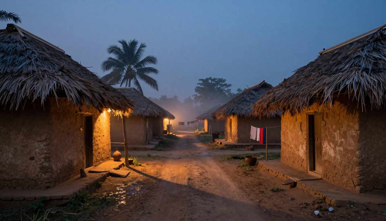 A dirt road leading to a small village with thatched roofs. | AI None image
