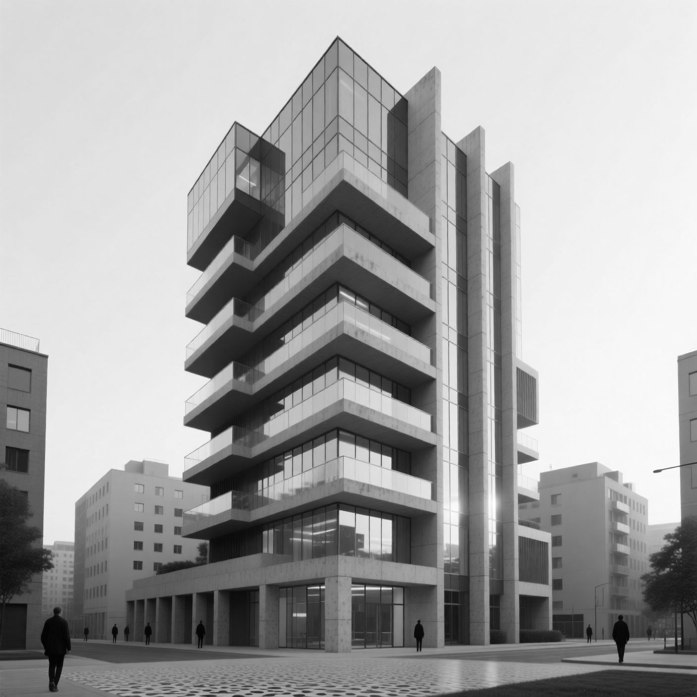 A black and white photo of a tall building. | AI Architectural image