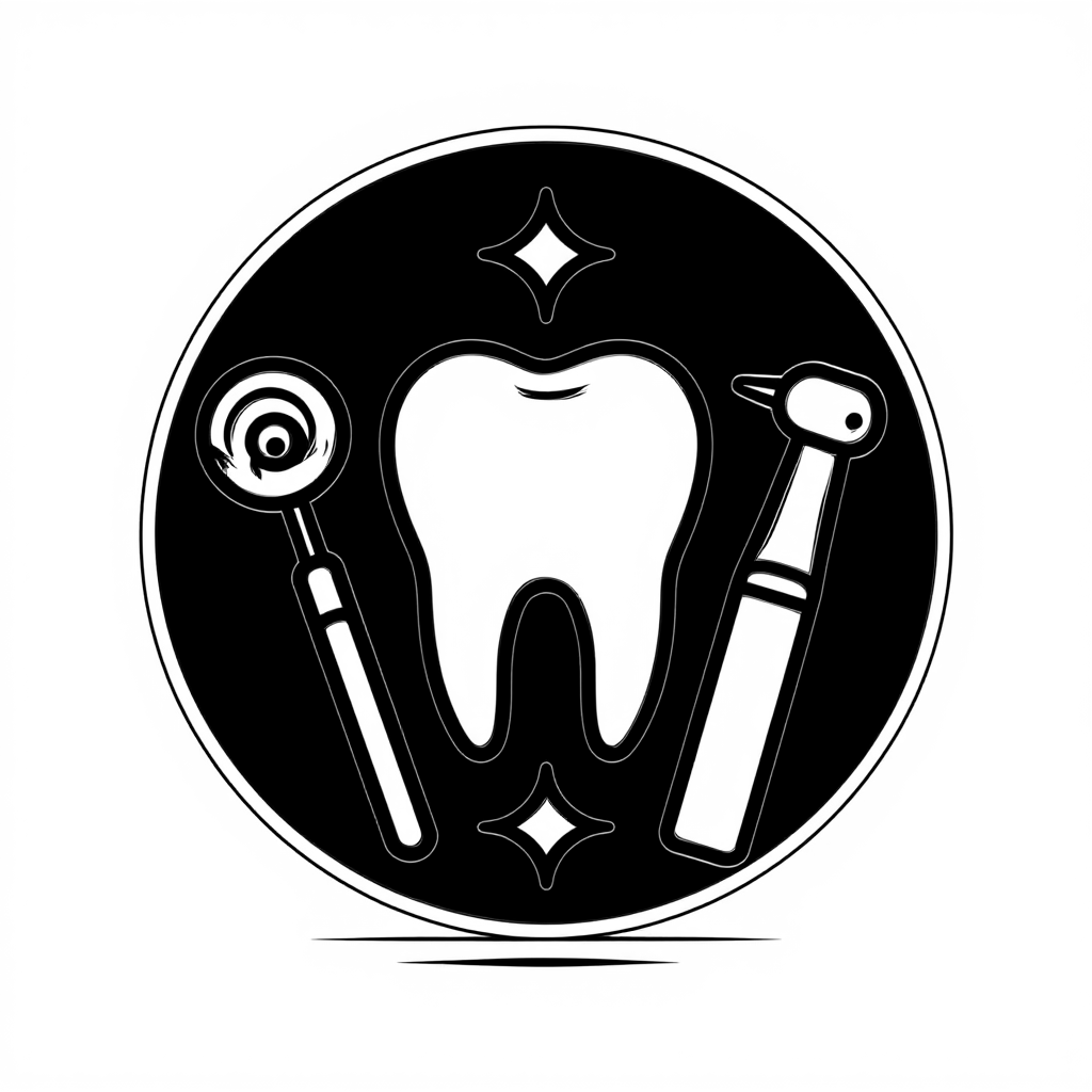 A black and white illustration of a tooth with dental tools. | AI Bold SVG