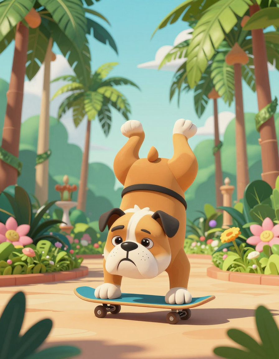 Bulldog Riding A bulldog riding a skateboard in a tropical garden. | AI Dreamscape image
