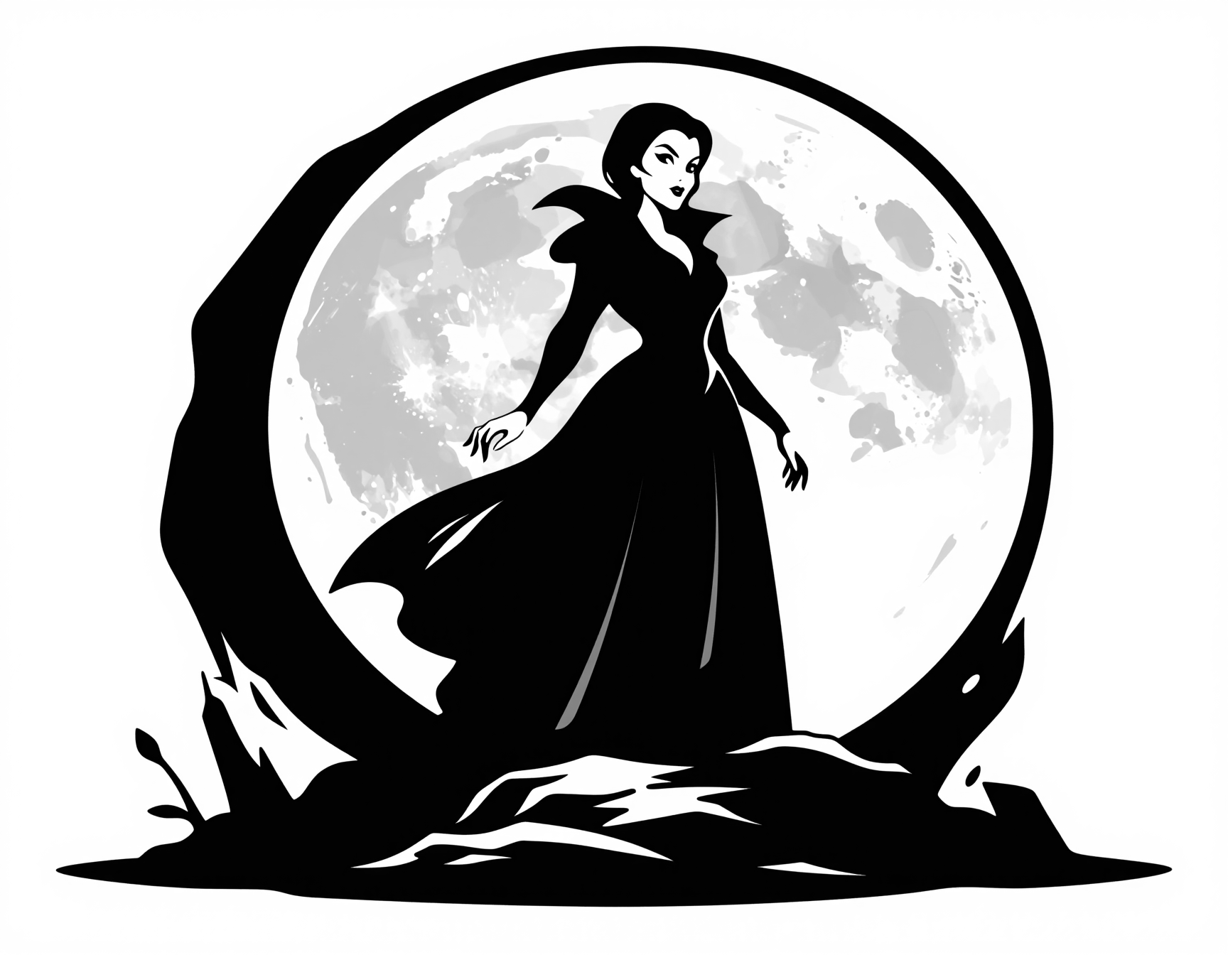 A woman in a black dress standing in front of a full moon. | AI Bold SVG