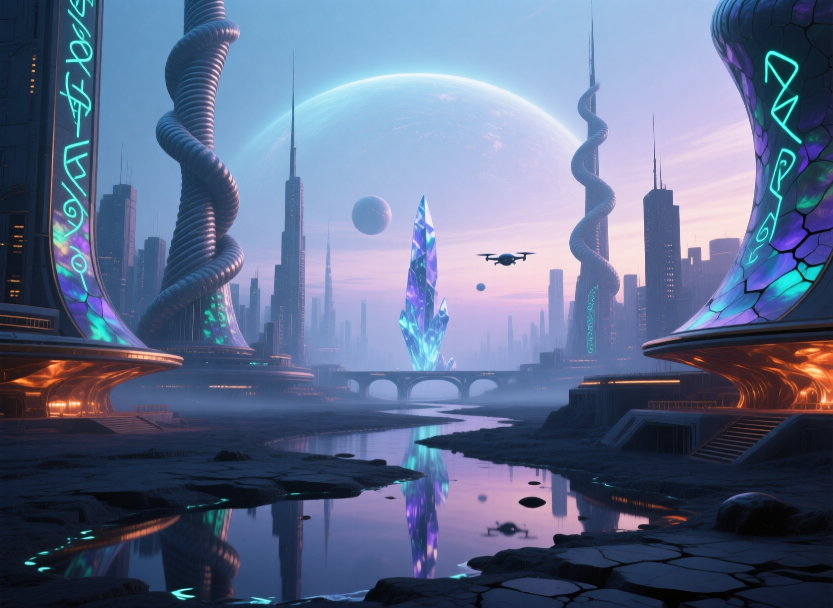 A futuristic city with a spaceship flying over it. | AI Alien image