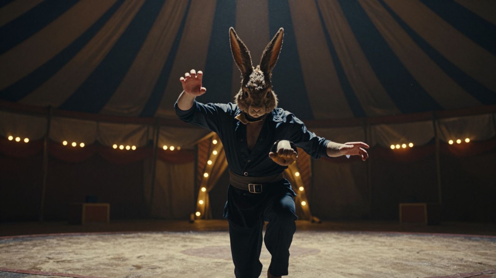 A man in a rabbit mask is dancing in a circus. | AI Cinematic image