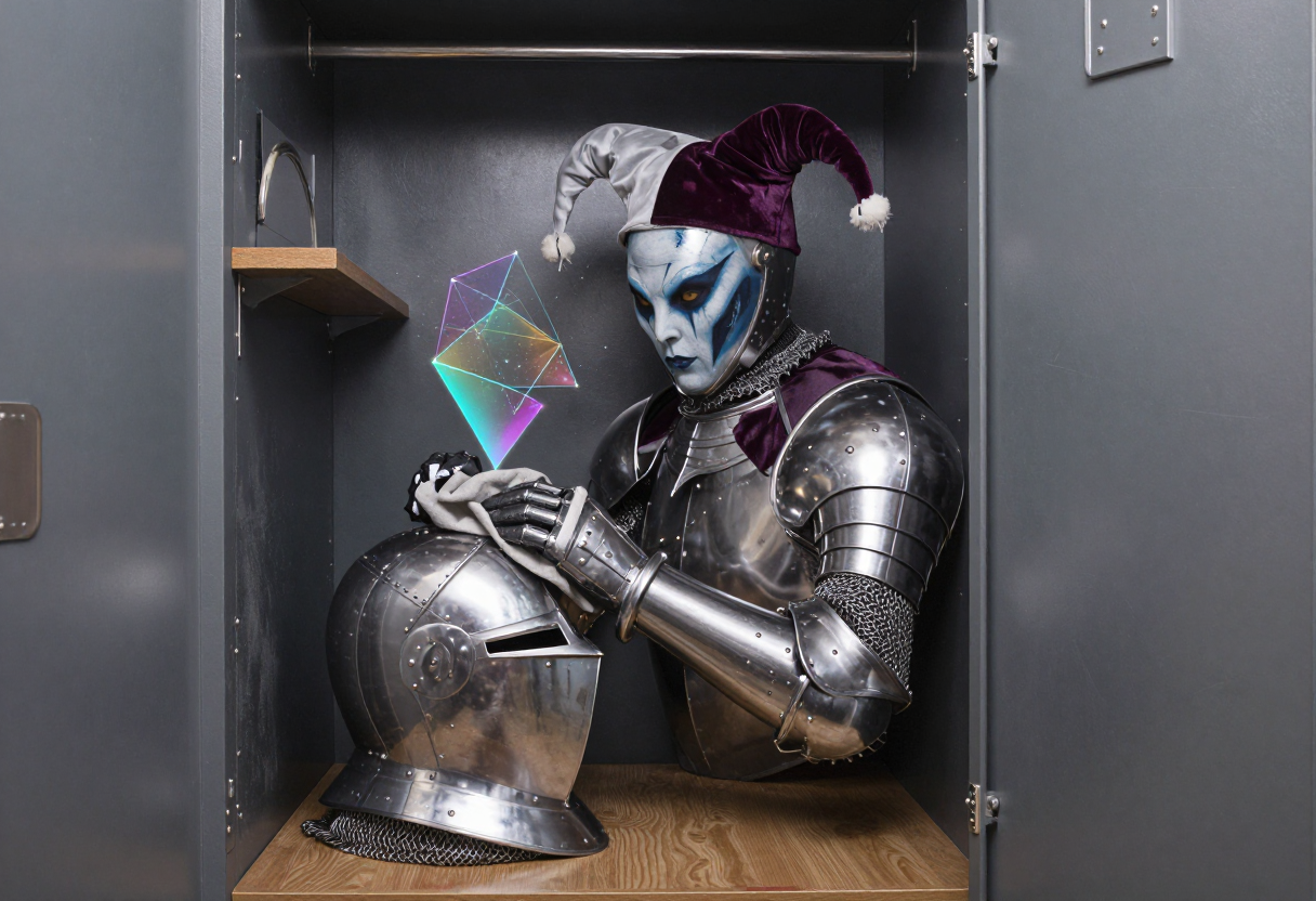 A man dressed as a jester holding a diamond in a cabinet. | AI Alien image