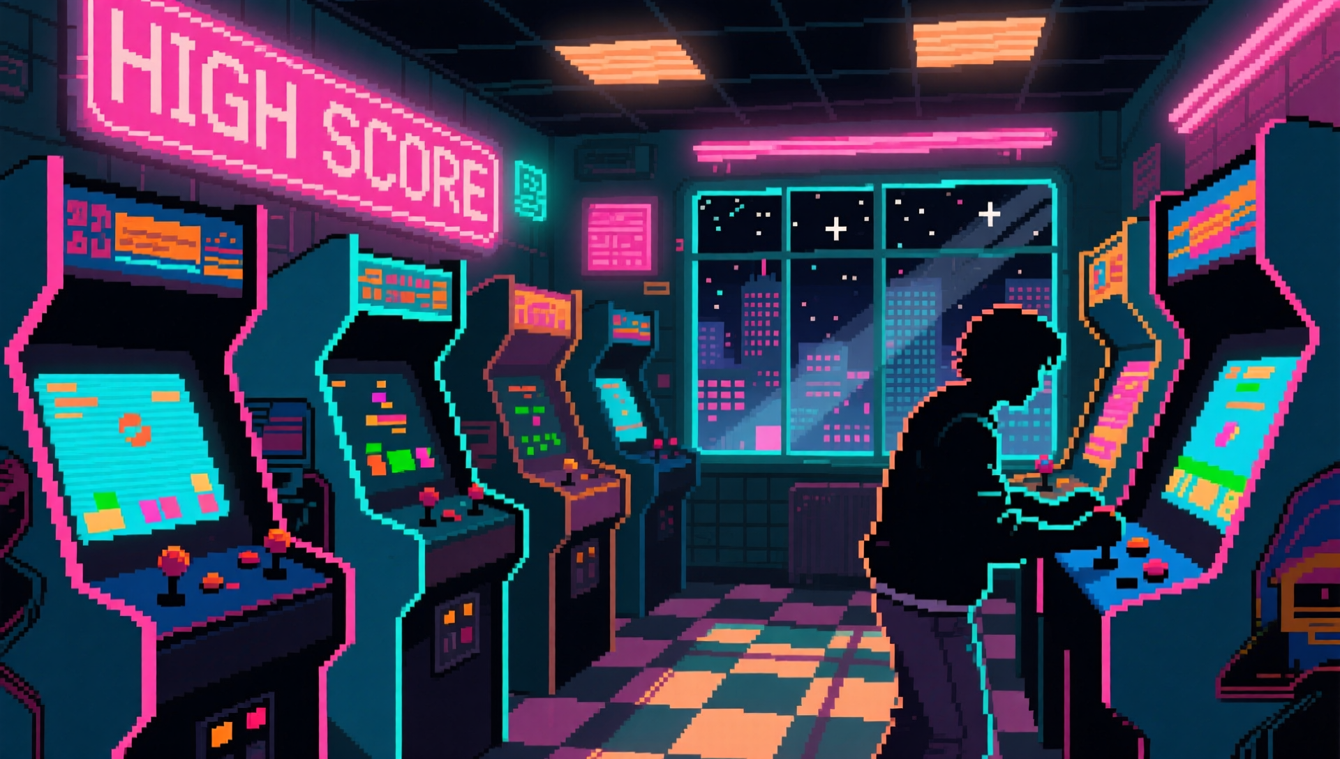 A man playing a video game in a arcade. | AI Retro arcade image