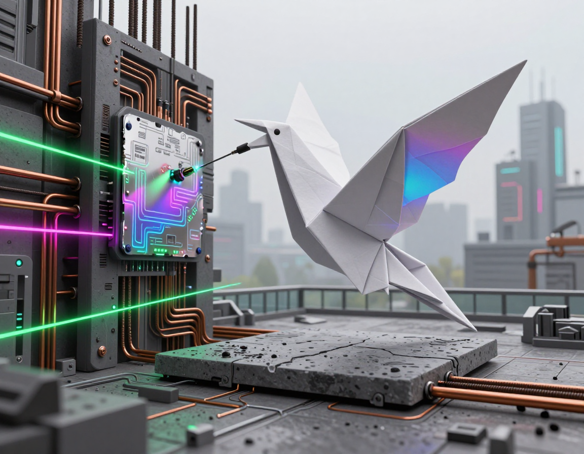 A white origami bird flying over a computer motherboard. | AI ...