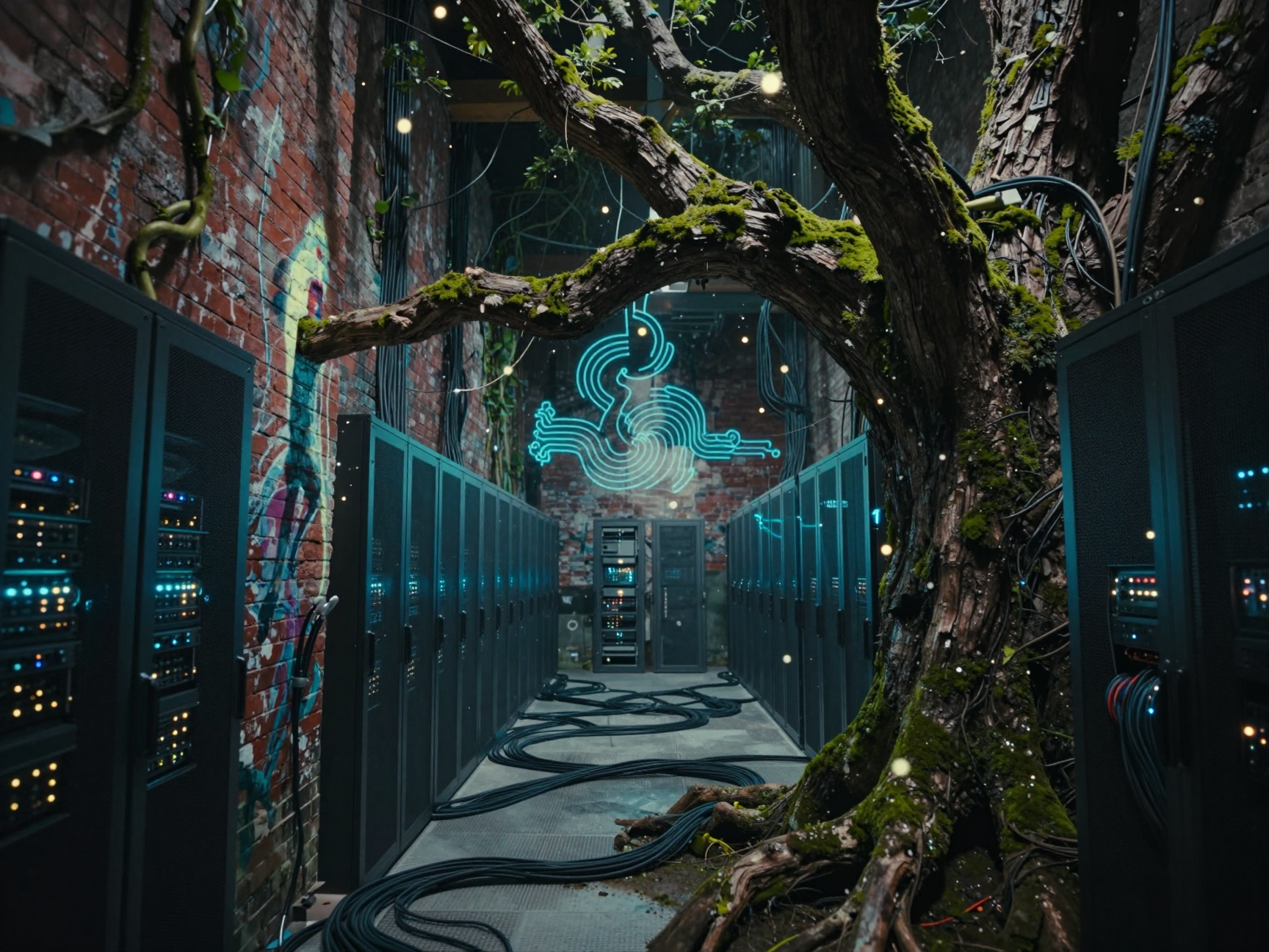 A row of servers in a server room with a tree growing out of them. | AI ...