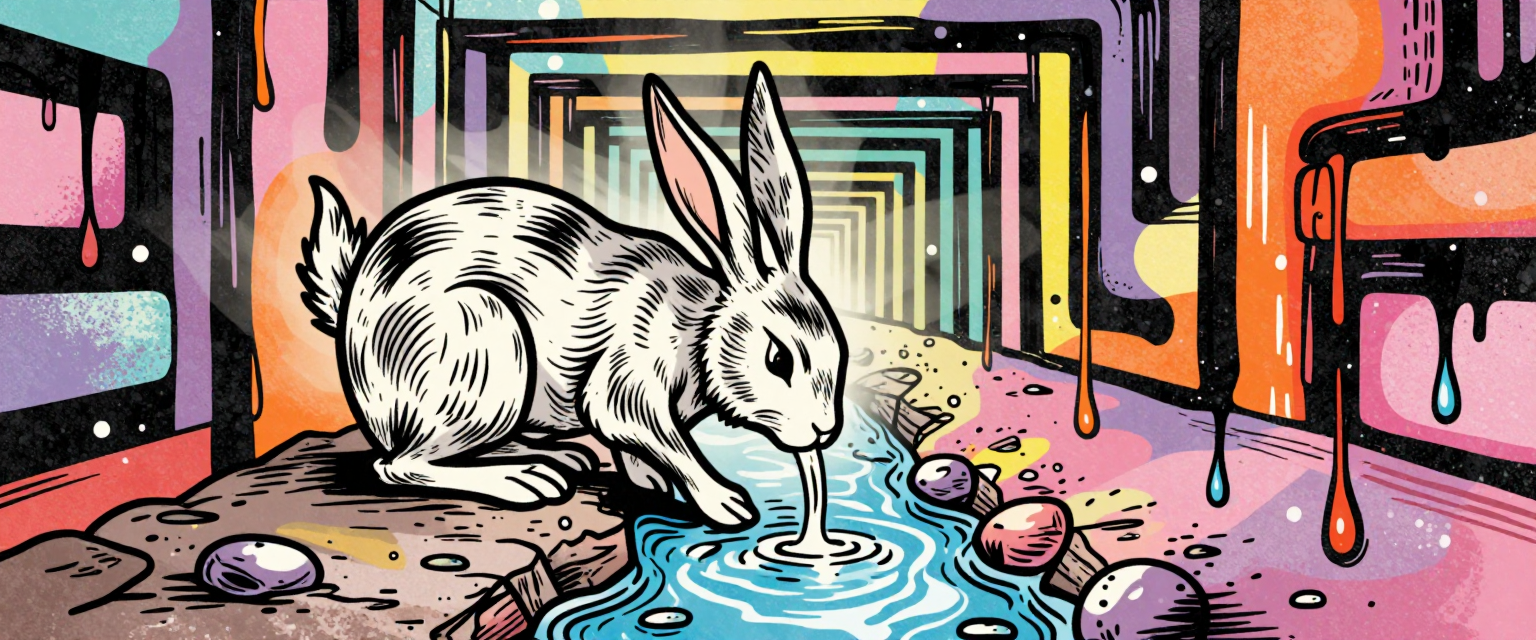 A rabbit drinking water from a fountain in a room. | AI Dripping image