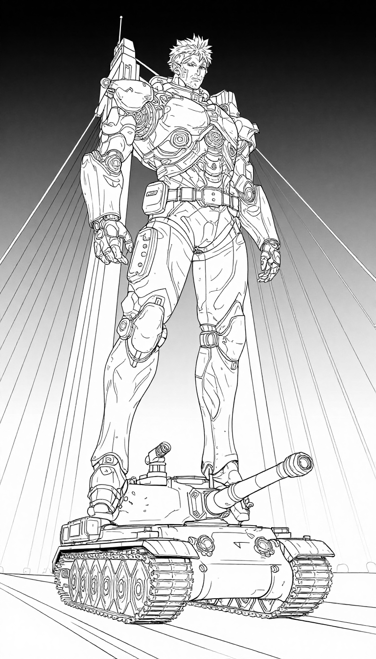 A drawing of a man standing on top of a tank. | AI Lineart SVG