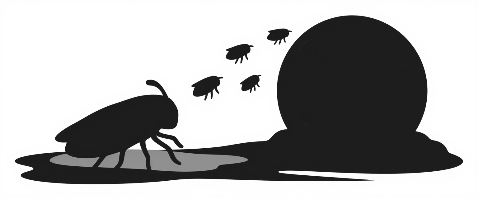 A black and white illustration of a group of bugs flying around a ...