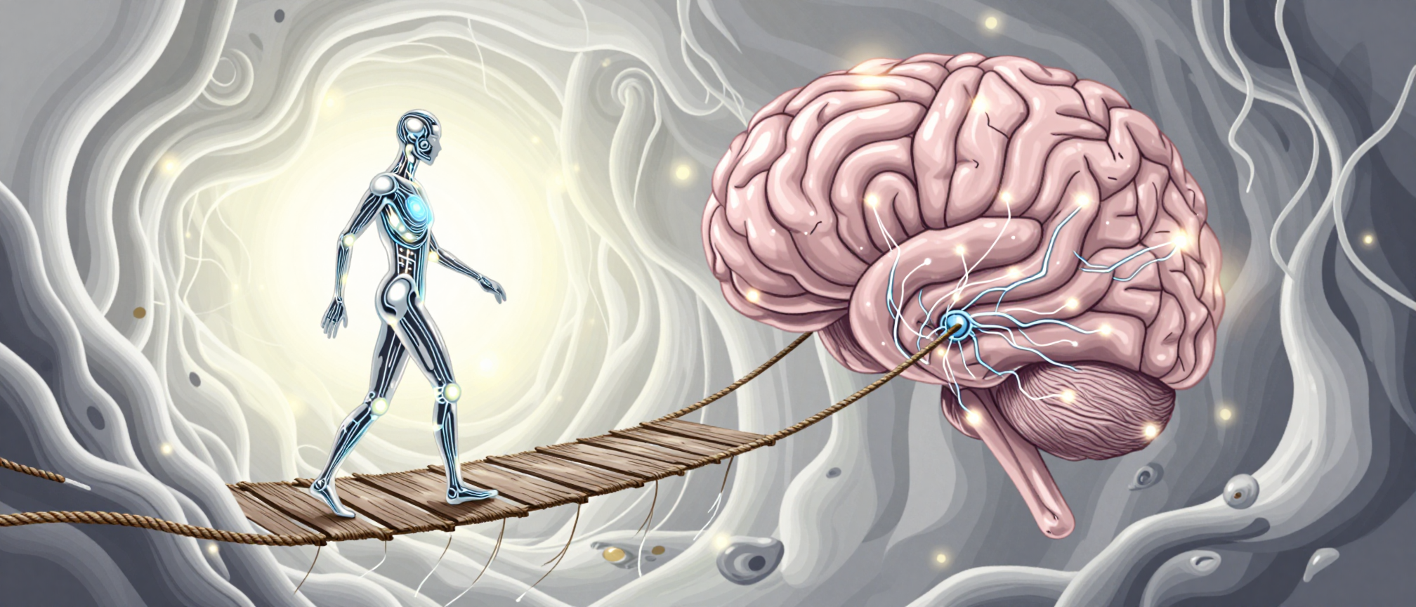 A robot walking on a tightrope over a brain. | AI Digital art image